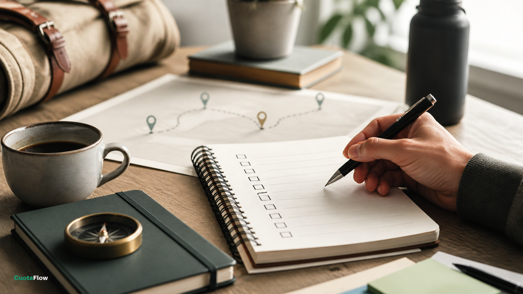 Libreta con checklist y elementos de planificación para preparar una cartera antes de implementar CuotaFlow.