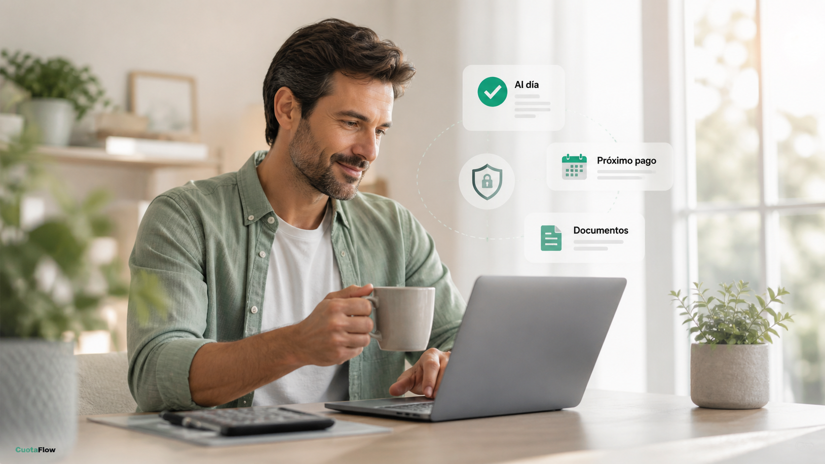 Persona revisando un portal de pagos en laptop con elementos visuales de saldo, cuota e historial del cliente.